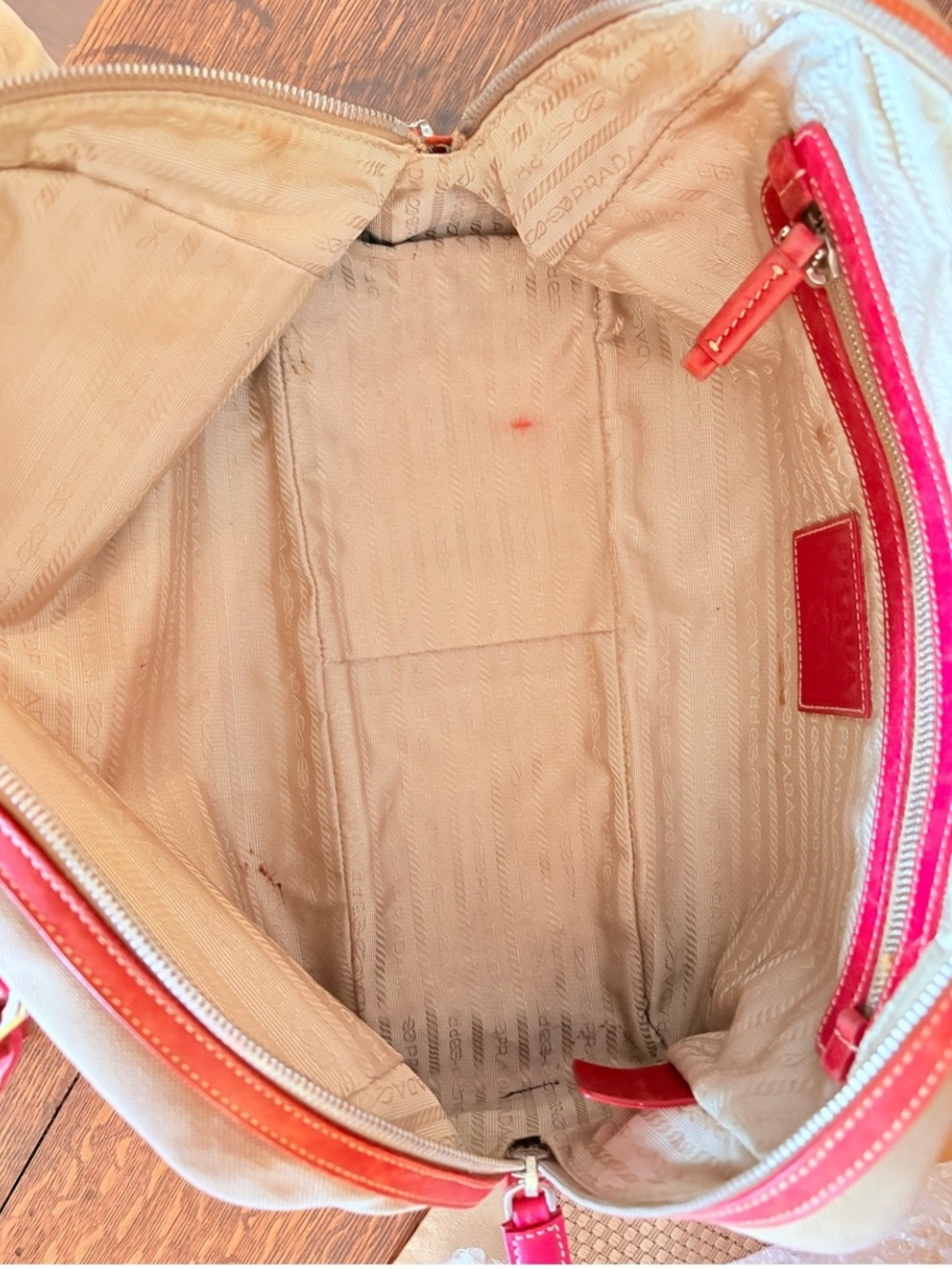 Prada Beige Canvas Shoulder Bag with Red Leather Trim COA - Picture 11 of 13